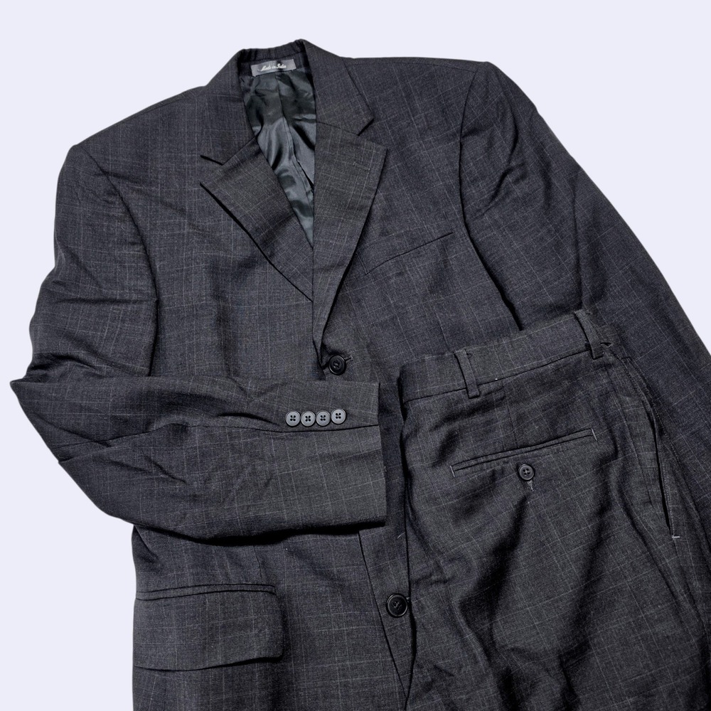 Oscar de la Renta Suit Men 40L W34 Gray Plaid 100% Wool 3-Button Professional